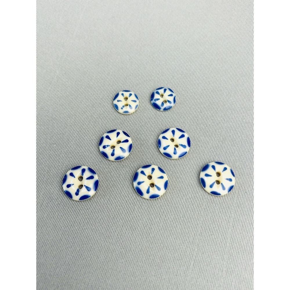 Vintage Painted White & Blue Flower Glass or Ceramic Buttons Set Of 7